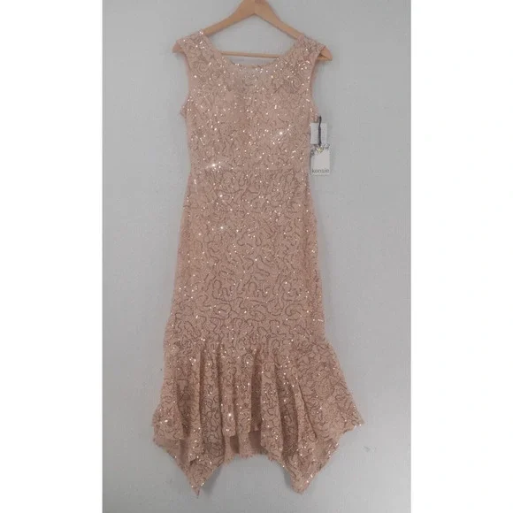 NEW Kensie Women's 4 Flounced Hem Sequin Asymmetric Midi Dress Blush Pink - Picture 2 of 15